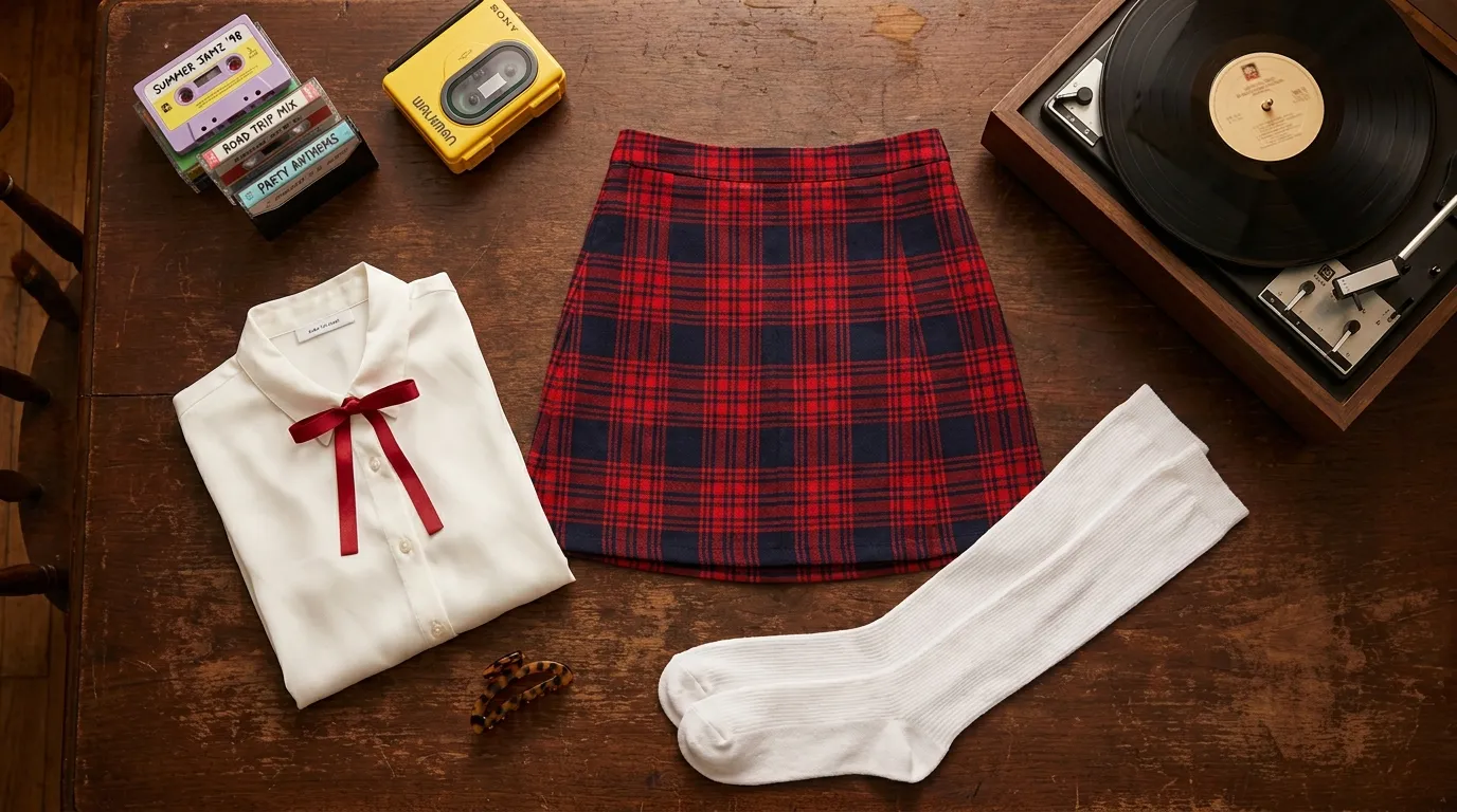 Aikuisten ruutuhame-rooliasun flat-lay — punainen tartan-hame, valkoinen pusero punaisella nauharusetilla, valkoiset polvisukat, hiussolki, kasattipakkoja 90-luvun mixtape-tarroilla, Sony Walkman ja vinyylilevysoitin — 90-luvun pop-estetiikka